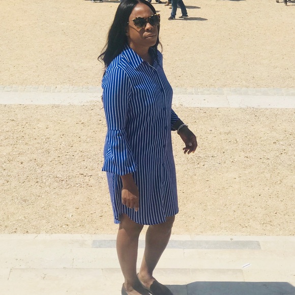 Leyden - Blue Stripe Shirt Dress w/Balloon Sleeves - Picture 2 of 5